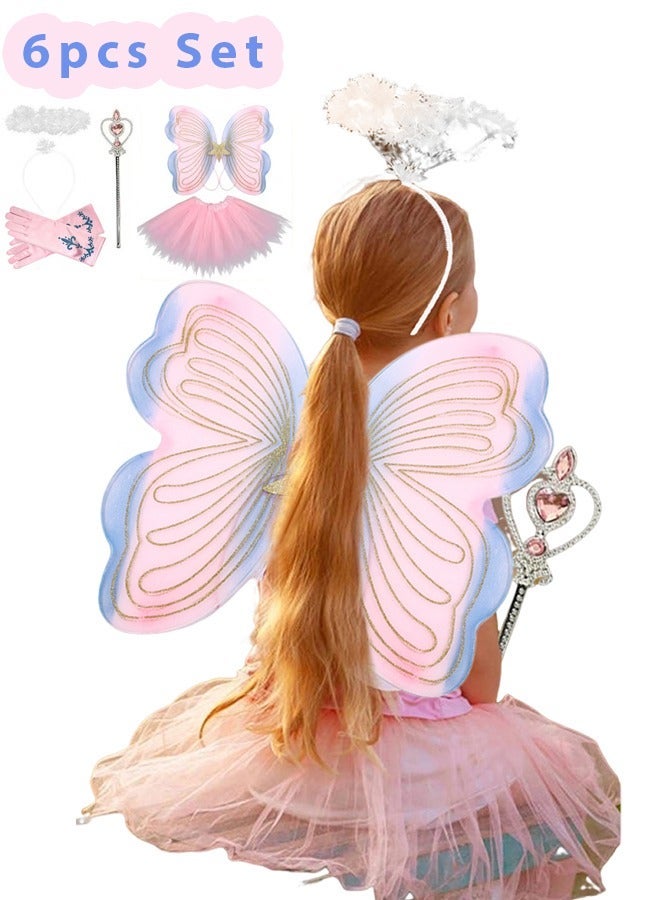 WangPangZi 5 Pcs Butterfly Fairy Costume for Girls Kids Princess Cosplay Costume Set with Wings, Tutu Skirt, Wand,Headdress, Gloves for Girls 3-6 Years Pink - Image 1